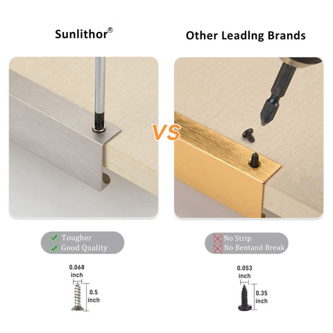 Comparison of Sunlithor Finger Pull Cabinet Knob Aluminum Brushed Nickel 3.15 Inch with other brands, highlighting screw quality and installation.