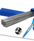Aluminum Brazing And Welding Rods For All Position Welding Flux Free Low Melt 716 To 752 Degrees Fahrenheit 30 Pcs 0.0625 Inch By 13 Inch Aluminum Rods No Flux Required Metal Welding Sticks shown in blue package.