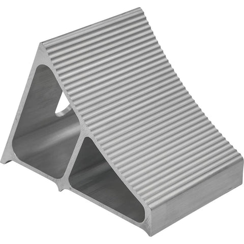 Heavy Duty Aluminum Wheel Chock For Trucks And Semis With Ribbed Slope For Maximum Grip And Secure Parking On Snow And Ice 6 X 8.75 X 5.86 Inch By Buyers Products, front view