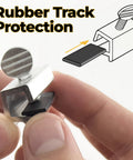 Close-up of a hand holding an aluminum window lock with rubber track protection, ideal for securing windows without drilling.