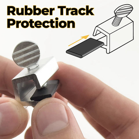 Close-up of a hand holding an aluminum window lock with rubber track protection, ideal for securing windows without drilling.