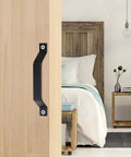 Aluminum Alloy Barn Door Handles Set 6.1 Inch Sliding Door Pull Hardware installed on wooden sliding door in bedroom view.