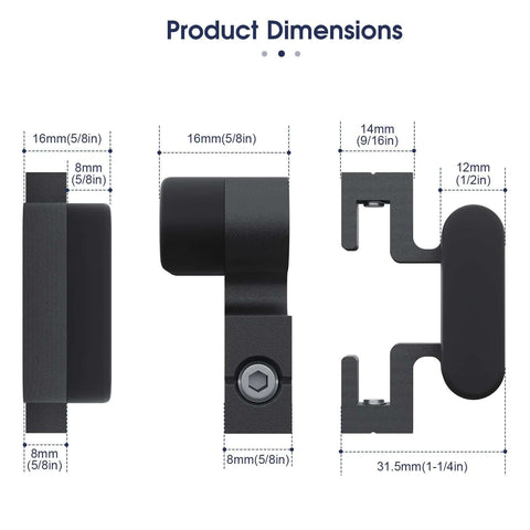 Two Pack Aluminum Barn Door Stopper For Top Track 1 9 16 Inch With Hex Wrench And Rubber Buffer, side and front view with dimensions.