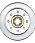OEM Sheave Assembly AM147272 for John Deere lawn tractors, metal pulley front view showing bearings and bolt holes.