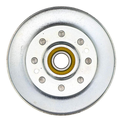 OEM Sheave Assembly AM147272 for John Deere lawn tractors, metal pulley front view showing bearings and bolt holes.