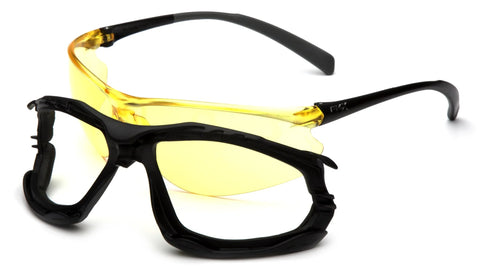 Proximity Safety Glasses With Amber Lens H2X Anti Fog And UVA BC Protection, side view with black frame and foam padding