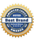 Blue and gold American Choice Awards badge for Best Brand, National Winner.