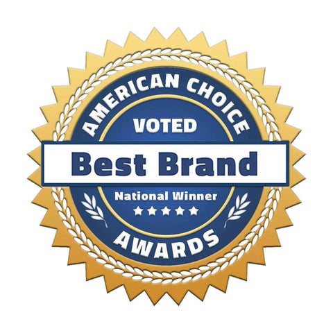 Blue and gold American Choice Awards badge for Best Brand, National Winner.