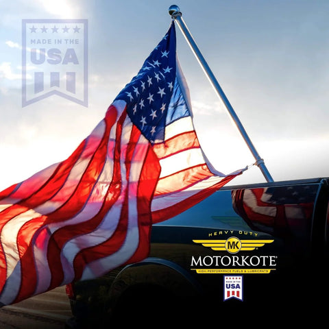Truck with American flag showcasing Heavy Duty Hyper Lubricant For Gas And Diesel Engines, 1-Gallon logo, made in the USA.