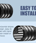 Close-up of black tire valve stem cap covers with American flag design, highlighting grip texture, labeled 'Easy to Install.'