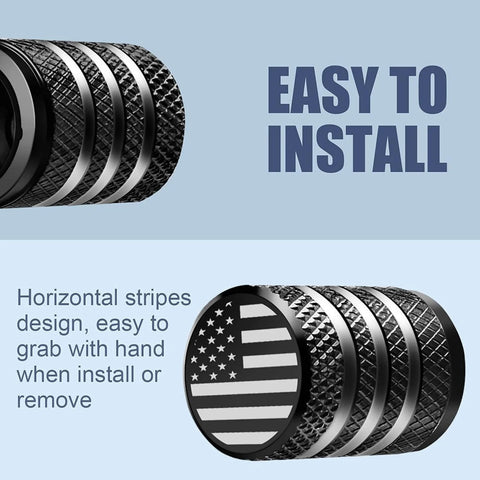 Close-up of black tire valve stem cap covers with American flag design, highlighting grip texture, labeled 'Easy to Install.'