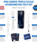 NIST traceable hydrometer kit USA with glass test jar, pro hydrometer, cleaning brush, storage box, and instruction sheet for homebrewing.