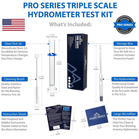 NIST traceable hydrometer kit USA with glass test jar, pro hydrometer, cleaning brush, storage box, and instruction sheet for homebrewing.