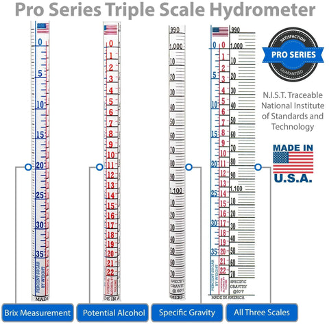 NIST traceable hydrometer kit USA showing brix, potential alcohol, and specific gravity scales for homebrewing.