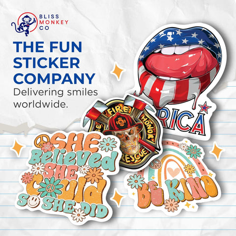 Collection of colorful themed stickers with American flag lips, fire helmet, motivational quotes, suitable for smooth surfaces.