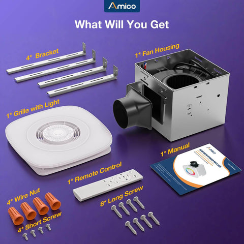 Bathroom Exhaust Fan With Bluetooth Speaker And Light, 110 CFM Quiet 1.0 Sone Shower Vent components including fan, grille, and remote
