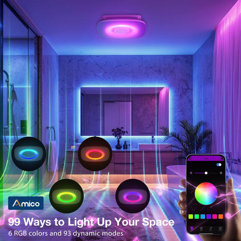 Bathroom Exhaust Fan With Bluetooth Speaker And Light, 110 CFM Quiet 1.0 Sone Shower Vent in a lit bathroom with RGB lighting