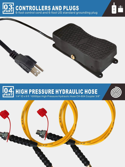 AMZCNC Two Way Electric Hydraulic Pump 10,000 PSI power pack parts: control cord plug and high pressure hydraulic hose.