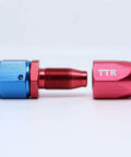 Red and blue swivel fitting from Three Eighth Inch Stainless Steel Braided Fuel Line Hose E85 Compatible Kit 30 Feet Black
