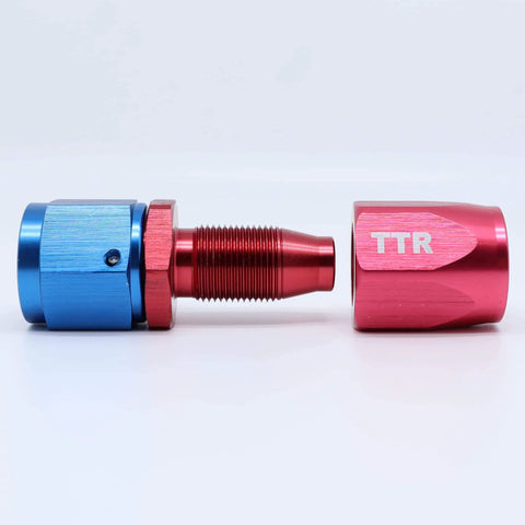 Red and blue swivel fitting from Three Eighth Inch Stainless Steel Braided Fuel Line Hose E85 Compatible Kit 30 Feet Black