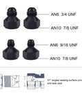 Four black aluminum AN fittings with sizes AN8 3/4 UNF, AN10 7/8 UNF, AN6 9/16 UNF, and AN10 7/8 UNF for universal 30 row oil cooler