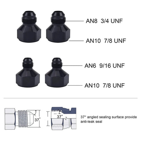 Four black aluminum AN fittings with sizes AN8 3/4 UNF, AN10 7/8 UNF, AN6 9/16 UNF, and AN10 7/8 UNF for universal 30 row oil cooler