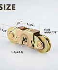 Sliding Patio Door Tandem Roller Assembly For Andersen Doors Compatible With Andersen Sliding Door Rollers Replaces Part 1273704 1964 1982 To Present Two Rollers With One And A Quarter Inch Bearing, stamped steel with adjustable sides, measurements shown.