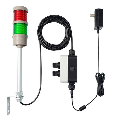 Two Stack LED Andon Tower Signal Light For Industrial Workstations With Red And Green Status Indicators ABB Selector Switch Mean Well Industrial Power Adapter 6 Foot And 16 Foot Extension Cords IP65 Rated Plug And Play By Andont