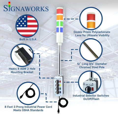 Ultra Bright 4 Stack LED Andon Tower Light With 3 Position On Off Flash Switches Red Amber Green Blue LEDs 8 Ft Industrial Power Cord No Brainer Plug And Play Ready Indoor OSHA Rated Made In USA