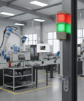 Two-Stack LED Andon Tower Signal Light With Buzzer For Industrial Lines installed on factory equipment, red and green lights on.