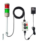 Two Stack LED Andon Tower Signal Light For Industrial Workstations With Red And Green Status Indicators ABB Selector Switch Mean Well Industrial Power Adapter 6 Foot And 16 Foot Extension Cords IP65 Rated Plug And Play By Andont displayed.