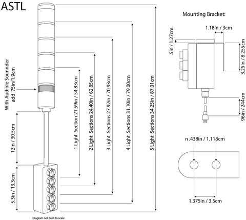 Diagram of Three Stack LED Andon Tower Light With Red Amber Green Signals, Industrial Grade Indicator, wiring dimensions shown.