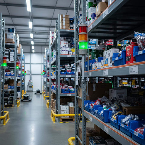 Luz de señalización Andon LED de tres niveles con zumbador incorporado en un almacén industrial, con indicadores rojos, amarillos y verdes en modo encendido.