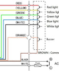 Wiring diagram for Three Level LED Andon Tower Light With Buzzer For The Shop Floor Red Yellow Green Status Signals On Off Flash Control ABB Selector Switch and Mean Well Power Adapter Six Foot Plug And Play.