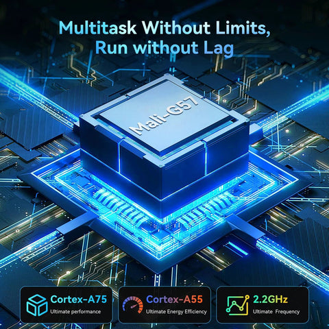 Circuit board showcasing Mali-G57 chip with Cortex-A75 and Cortex-A55 architecture, highlighting AI tablet performance.