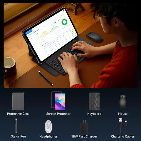 Person using 13.4 Inch Android 15 Tablet PC With Keyboard Pen Case And Mouse Gemini AI Gaming Tablet