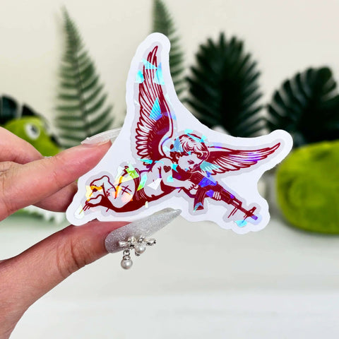 Set Of 3 Angel With Machine Gun Stickers Funny Gun Decals For Water Bottles Laptops Phones Cars Helmets Windows Bumpers Cupid Vibes And Hologram 3 Inch Vinyl Decals For Personalizing Any Smooth Surface