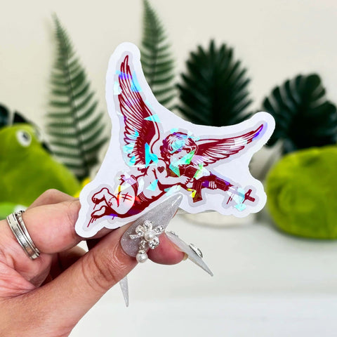 Set Of 3 Angel With Machine Gun Stickers Funny Gun Decals for water bottles, laptops, phones, cars, helmets shown handheld
