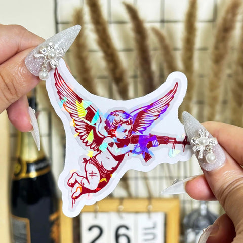 Set Of 3 Angel With Machine Gun Stickers Funny Gun Decals For Water Bottles Laptops Phones Cars Helmets Windows Bumpers