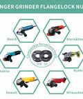 Image showing various angle grinders from Bosch, Black & Decker, Ryobi, Makita, Dewalt, and Milwaukee with compatible 5/8"-11 nuts.