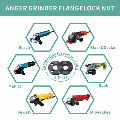 Image showing various angle grinders from Bosch, Black & Decker, Ryobi, Makita, Dewalt, and Milwaukee with compatible 5/8"-11 nuts.