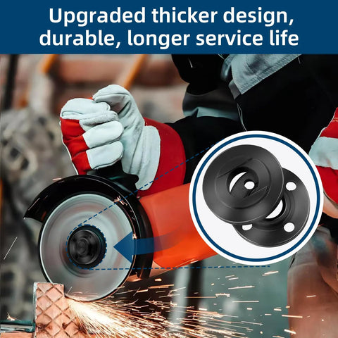 7 Piece Angle Grinder Nut And Wrench Set With Extended Wrench And Six Thick Flange Nuts For Fast Tool Changes Fits Most Four And One Half Inch Five Inch And Seven Inch Grinders With Five Eighth Eleven Threads Compatible With Major Brands, shown in use on angle grinder, close-up.