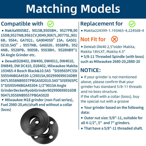 Compatibility chart for 7 Piece Angle Grinder Nut And Wrench Set With Extended Wrench And Six Thick Flange Nuts.