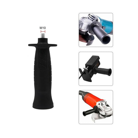 Replacement Plastic Angle Grinder Handle With 10mm Thread And 5 By 8 By 11 Shaft Spindle Nut For 100 Model Most Brands Angle Grinders Includes Wrench And Durable Ergonomic Grip For Secure Control And Long Lasting Use. Black handle with measurement detail and usage examples.