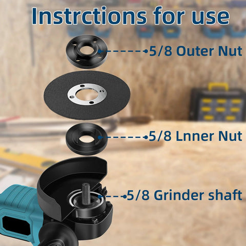 Diagram of 7 Piece Angle Grinder Nut And Wrench Set With Extended Wrench And Six Thick Flange Nuts for easy installation on grinder