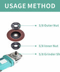 Diagram showing 5/8 outer nut, inner nut, and grinder shaft from 9 Piece Angle Grinder Nut Kit With Wrench Inner And Outer Nuts Flanges For Five Eighths Inch 11 Thread Shafts Compatible With 4.5 Inch And 5 Inch Grinders Includes Storage Case And Essential Replacement Hardware For Dewalt Milwaukee Makita Metabo Bosch