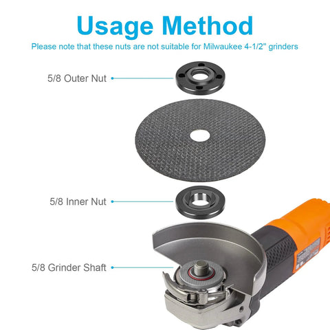 7 Piece Angle Grinder Nut And Flange Wrench Kit With 5/8-11 Thread for fast wheel changes showing usage method, grinder, and nuts.