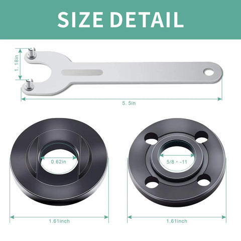 Size details of 9 Piece Angle Grinder Nut Kit With Wrench Inner And Outer Nuts Flanges For Five Eighths Inch 11 Thread Shafts