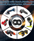 Circle display showing compatibility of 7 Piece Angle Grinder Nut And Wrench Set With Extended Wrench with major brand grinders