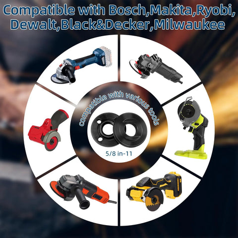 Circle display showing compatibility of 7 Piece Angle Grinder Nut And Wrench Set With Extended Wrench with major brand grinders